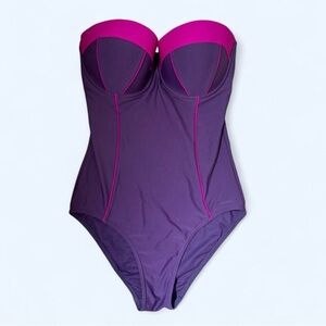 Strapless Purple One-Piece Swimsuit with Pink Trim